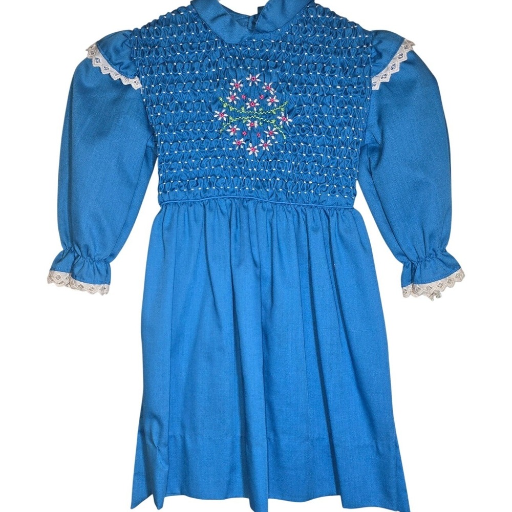 VINTAGE Polly‎ Flinders Hand Smocked Bright Blue Dress Size 5 Style#44077
